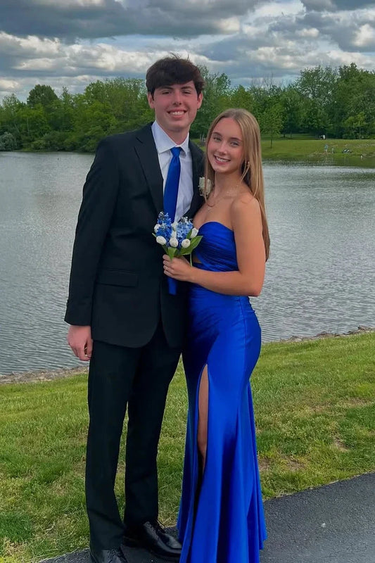 Luxe Satin Strapless Sweetheart Ruched Mermaid Prom Dress with High Slit & Floor-Length Hem by JiMiss Dresses