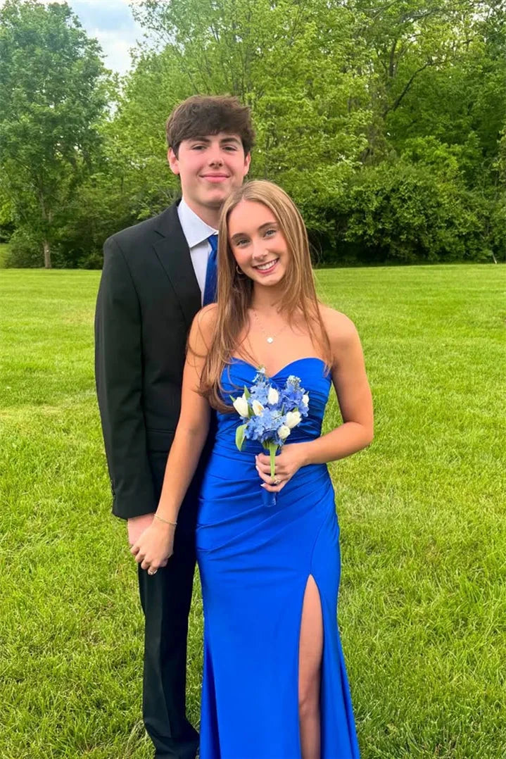 Luxe Satin Strapless Sweetheart Ruched Mermaid Prom Dress with High Slit & Floor-Length Hem by JiMiss Dresses