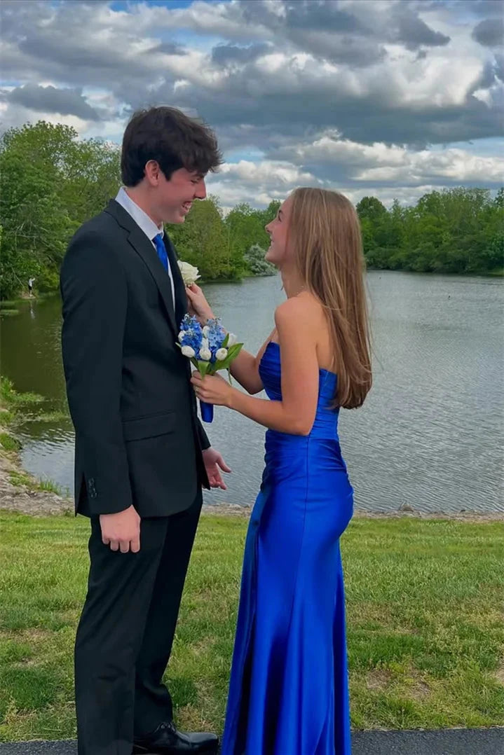 Luxe Satin Strapless Sweetheart Ruched Mermaid Prom Dress with High Slit & Floor-Length Hem by JiMiss Dresses