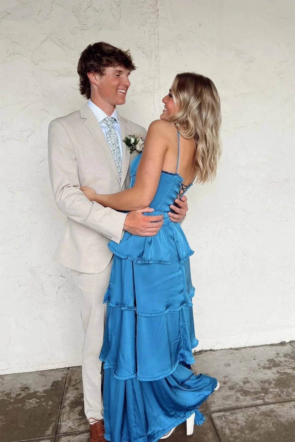Luxe Satin Tiered Ruffle Sweetheart Neck Sleeveless Lace-Up Back Floor-Length Prom Dress by JiMiss Dresses