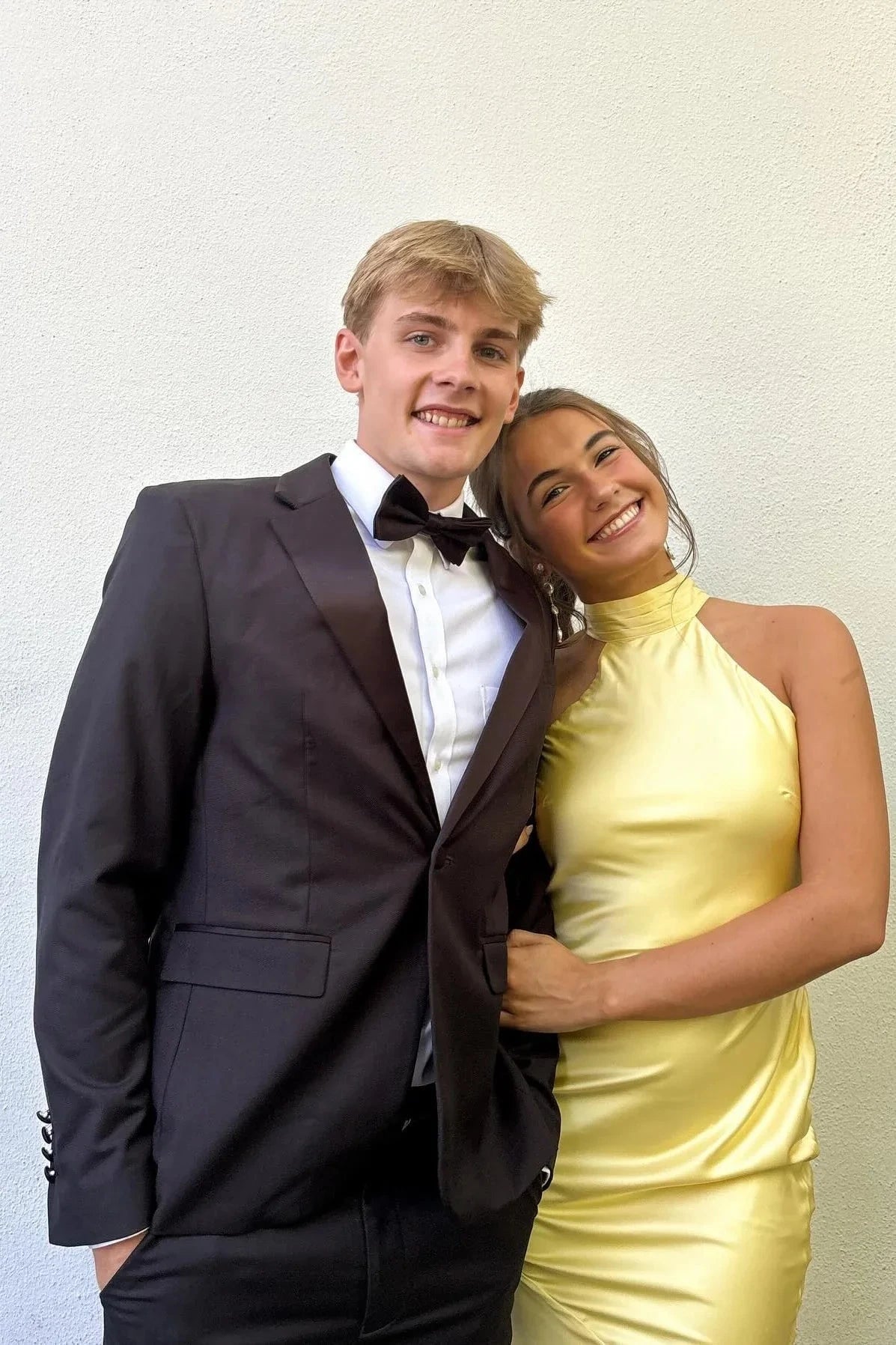 Luxe Satin Yellow Halter Neck Sleeveless Open Back High Slit Floor-Length Prom Dress by JiMiss Dresses