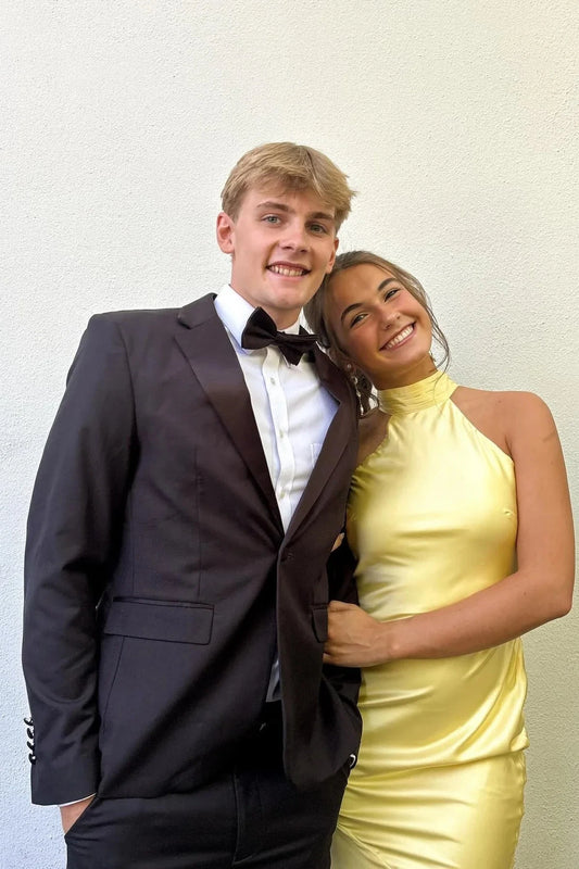 Luxe Satin Yellow Halter Neck Sleeveless Open Back High Slit Floor-Length Prom Dress by JiMiss Dresses