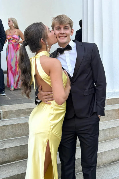 Luxe Satin Yellow Halter Neck Sleeveless Open Back High Slit Floor-Length Prom Dress by JiMiss Dresses