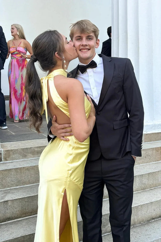 Luxe Satin Yellow Halter Neck Sleeveless Open Back High Slit Floor-Length Prom Dress by JiMiss Dresses
