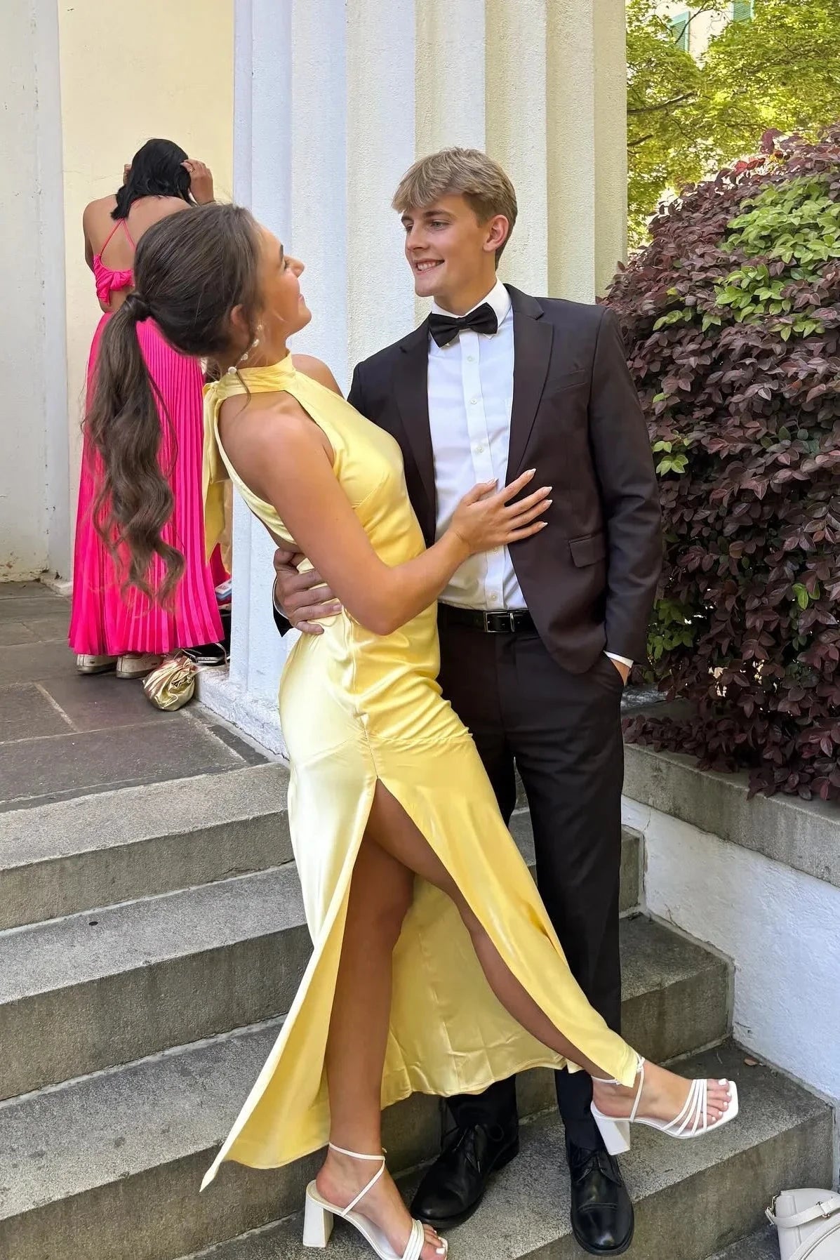Luxe Satin Yellow Halter Neck Sleeveless Open Back High Slit Floor-Length Prom Dress by JiMiss Dresses