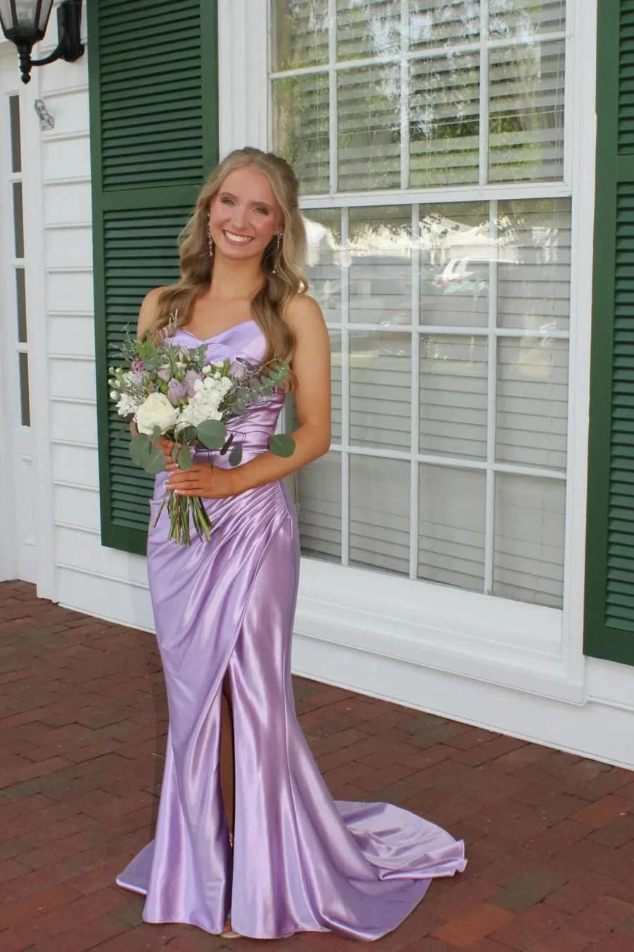 Luxe Satin Strapless Sweetheart Ruched Mermaid Prom Dress with Crisscross Open Back High Slit & Train by JiMiss Dresses