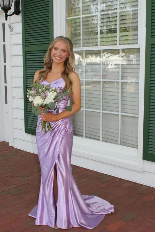 Luxe Satin Strapless Sweetheart Ruched Mermaid Prom Dress with Crisscross Open Back High Slit & Train by JiMiss Dresses