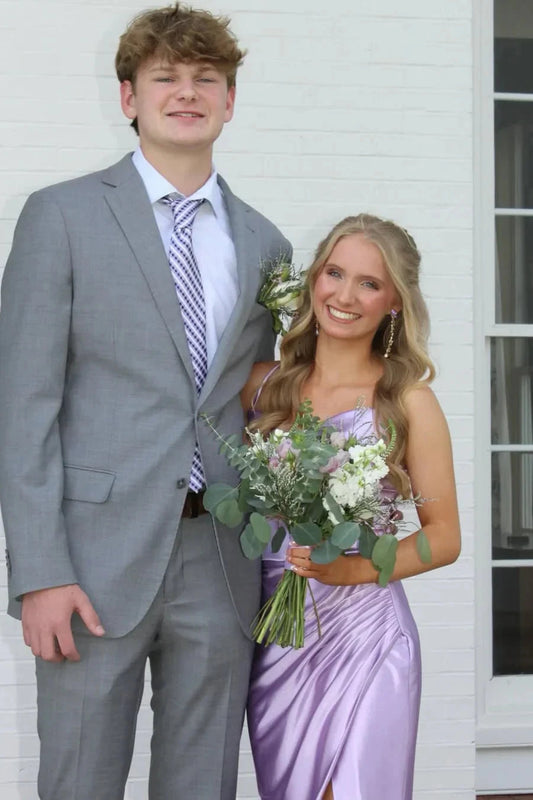 Luxe Satin Strapless Sweetheart Ruched Mermaid Prom Dress with Crisscross Open Back High Slit & Train by JiMiss Dresses