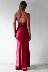Luxe glossy satin sheath square neck lace-back ruched slit floor length evening dress