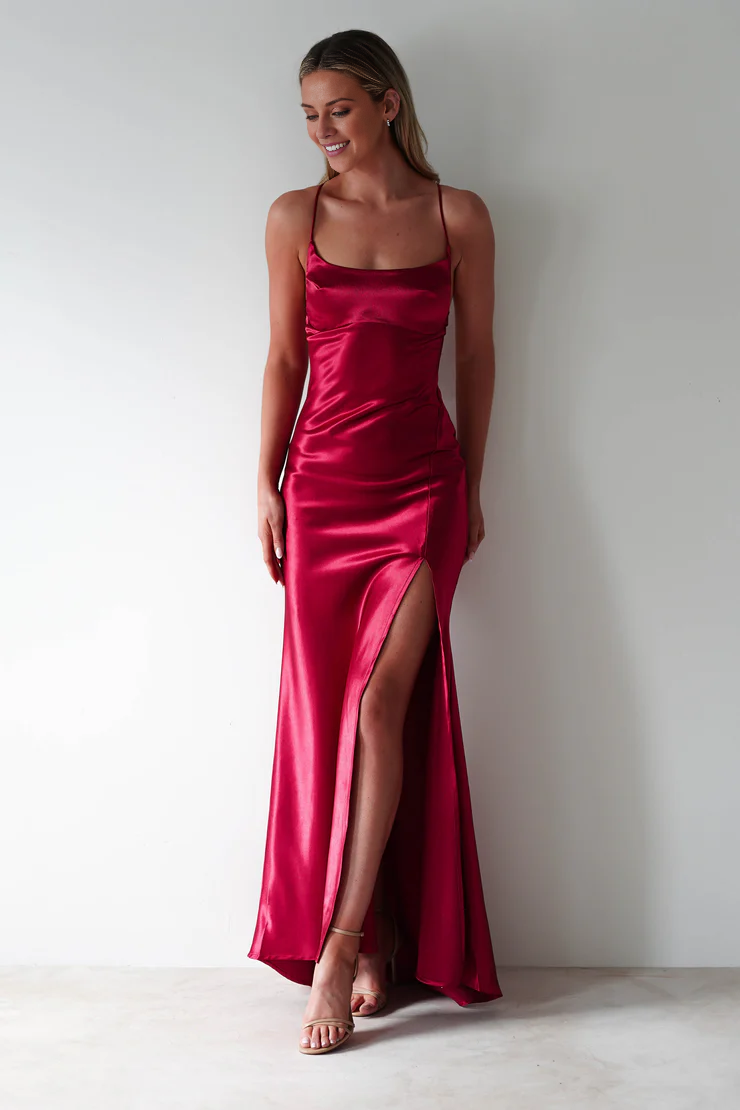 Luxe glossy satin sheath square neck lace-back ruched slit floor length evening dress