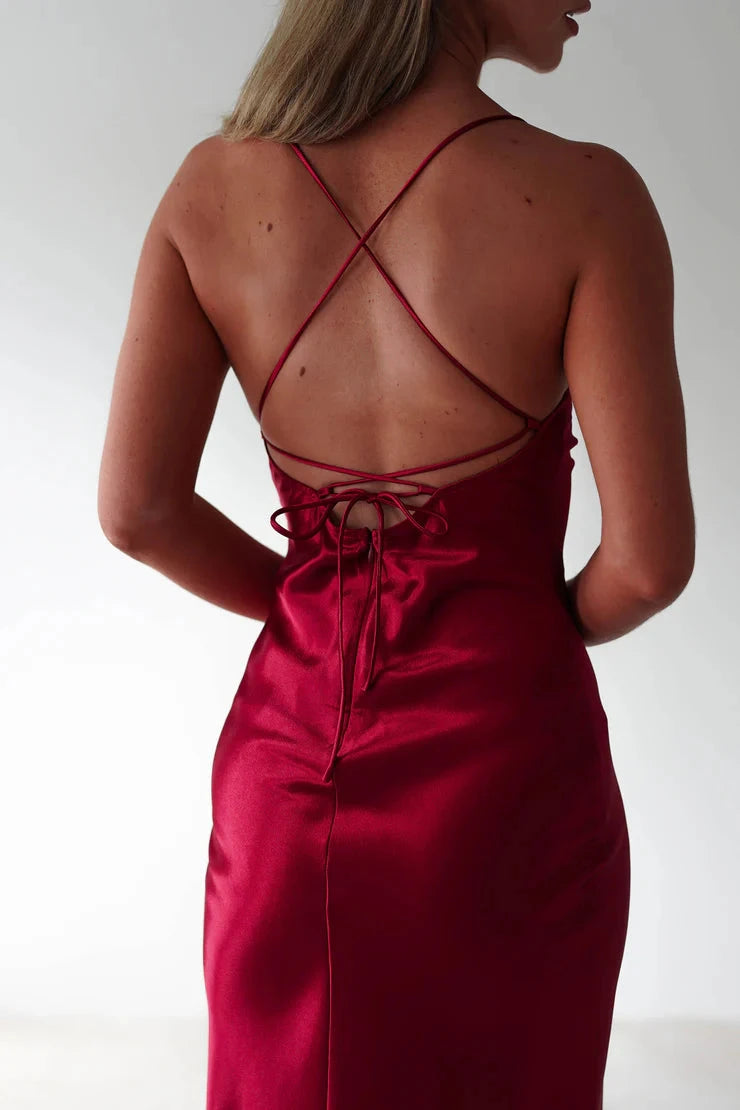 Luxe glossy satin sheath square neck lace-back ruched slit floor length evening dress by YiHuiw