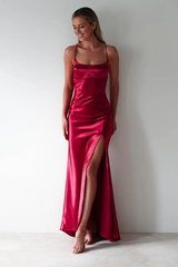 Luxe glossy satin sheath square neck lace-back ruched slit floor length evening dress