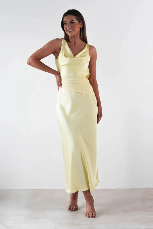 Luxe satin sheath cowl open-back tie-back midi evening dress by YiHuiw