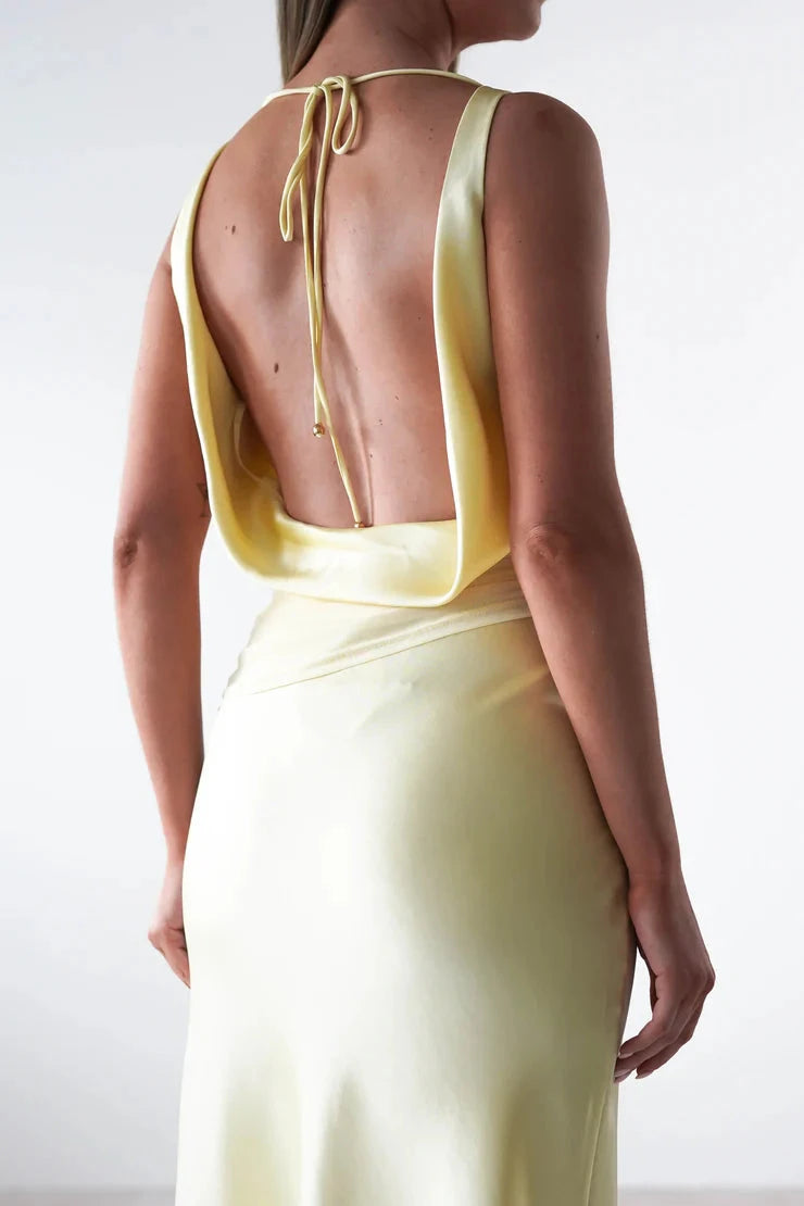Luxe satin sheath cowl open-back tie-back midi evening dress by YiHuiw