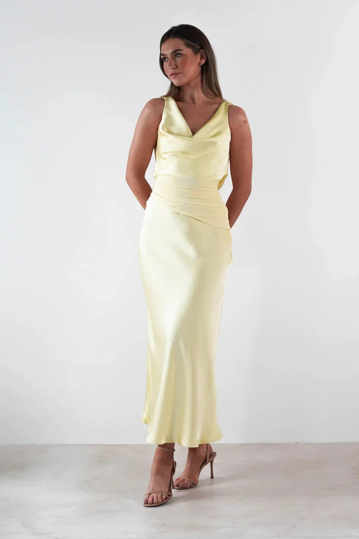 Luxe satin sheath cowl open-back tie-back midi evening dress by YiHuiw