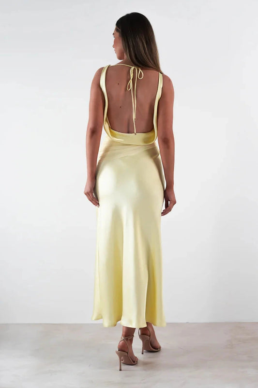 Luxe satin sheath cowl open-back tie-back midi evening dress by YiHuiw