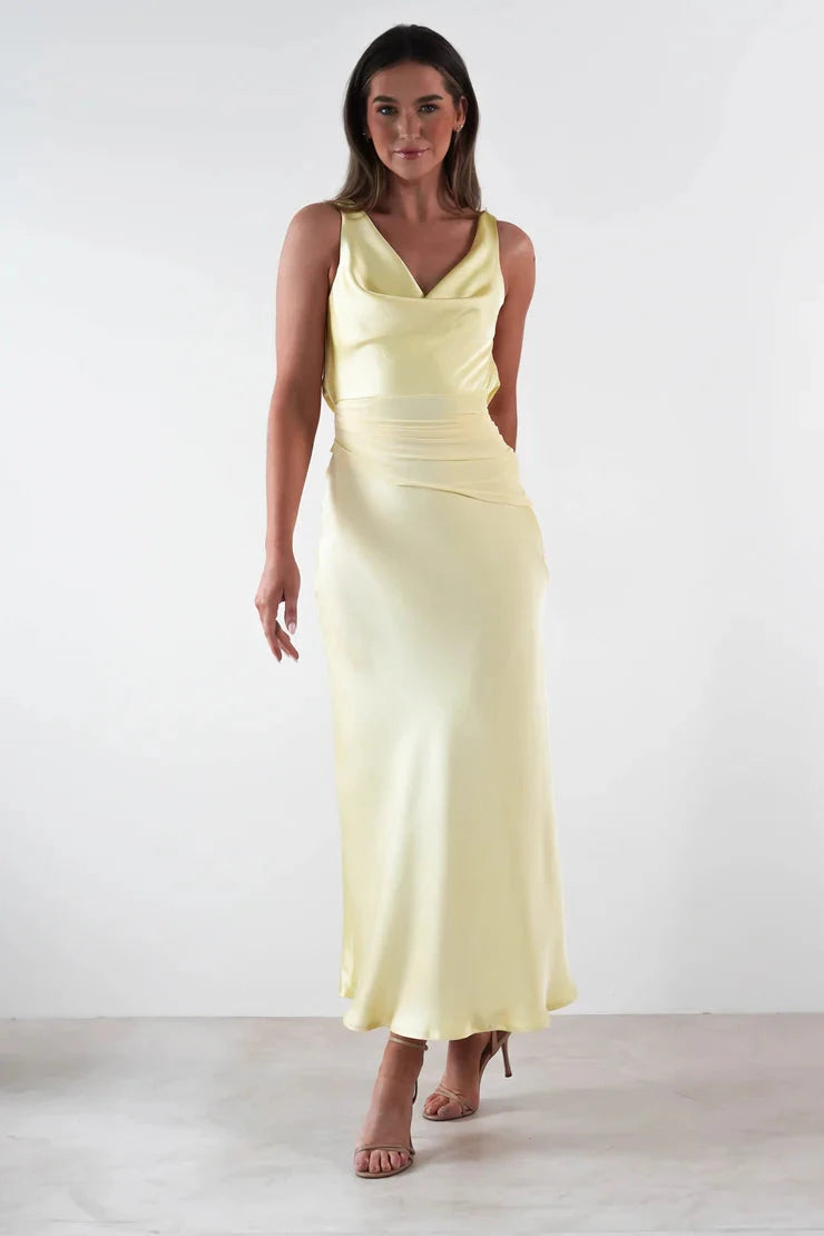 Luxe satin sheath cowl open-back tie-back midi evening dress by YiHuiw