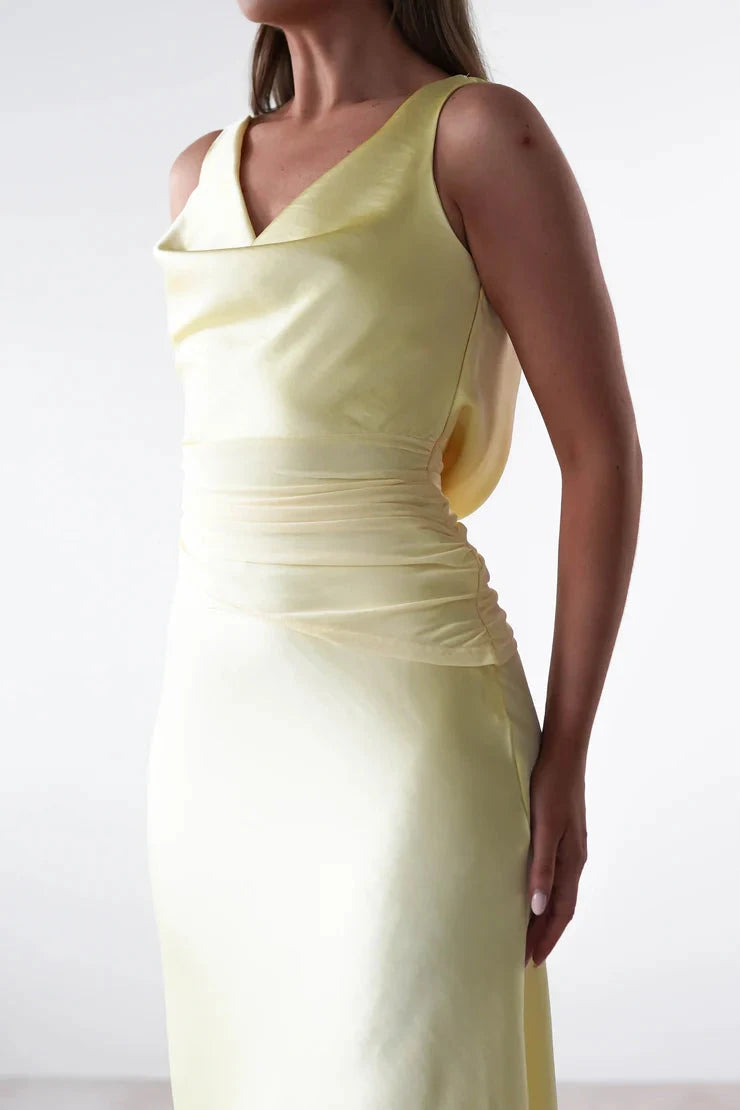 Luxe satin sheath cowl open-back tie-back midi evening dress by YiHuiw