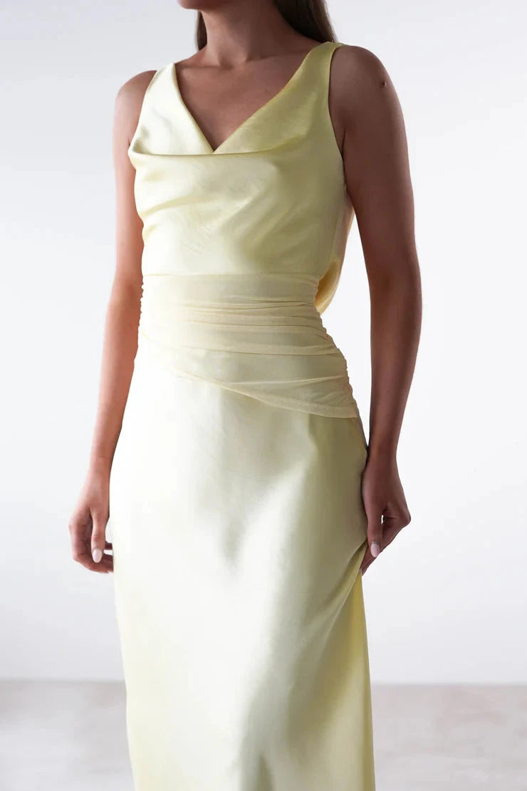 Luxe satin sheath cowl open-back tie-back midi evening dress by YiHuiw