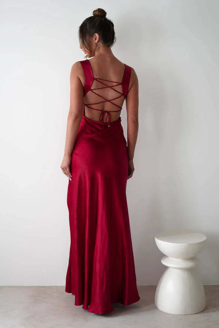 Luxe satin sheath cowl square neck lace-back slit floor length evening dress by YiHuiw