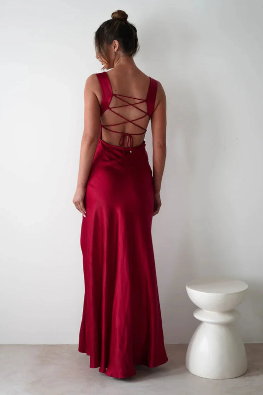 Luxe satin sheath cowl square neck lace-back slit floor length evening dress by YiHuiw