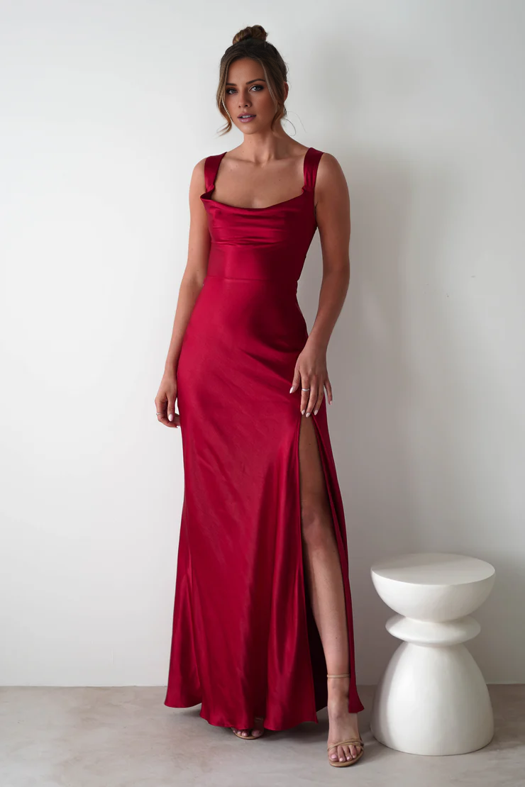Luxe satin sheath cowl square neck lace-back slit floor length evening dress