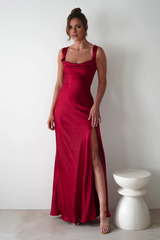 Luxe satin sheath cowl square neck lace-back slit floor length evening dress