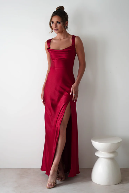 Luxe satin sheath cowl square neck lace-back slit floor length evening dress by YiHuiw