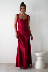 Luxe satin sheath cowl square neck lace-back slit floor length evening dress