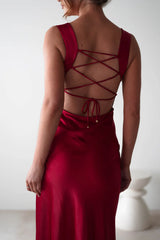 Luxe satin sheath cowl square neck lace-back slit floor length evening dress