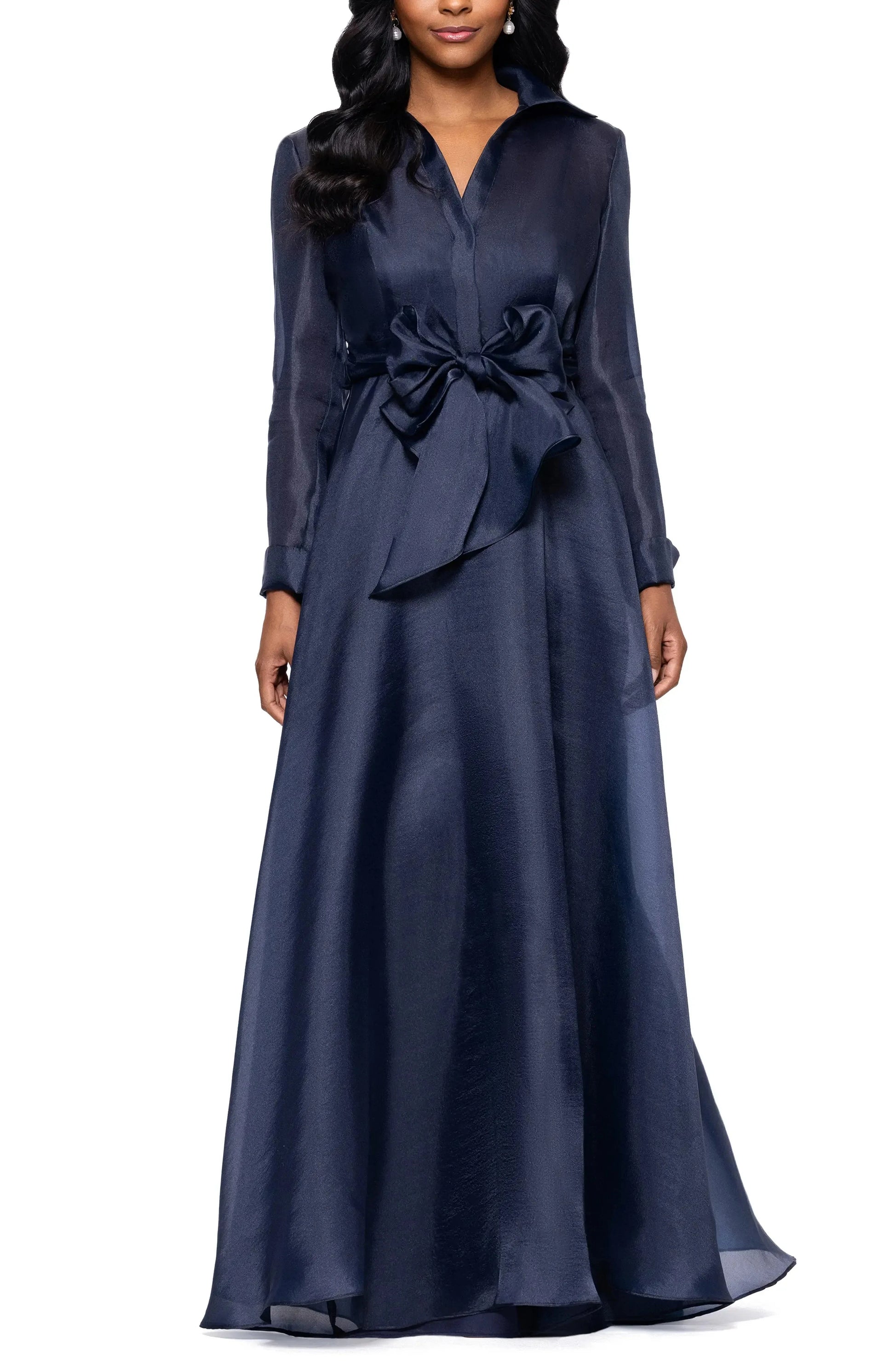 Luxurious Flowy Collared Long Sleeve Open Back Floor Length For Adults Prom Dress by YiHuiw