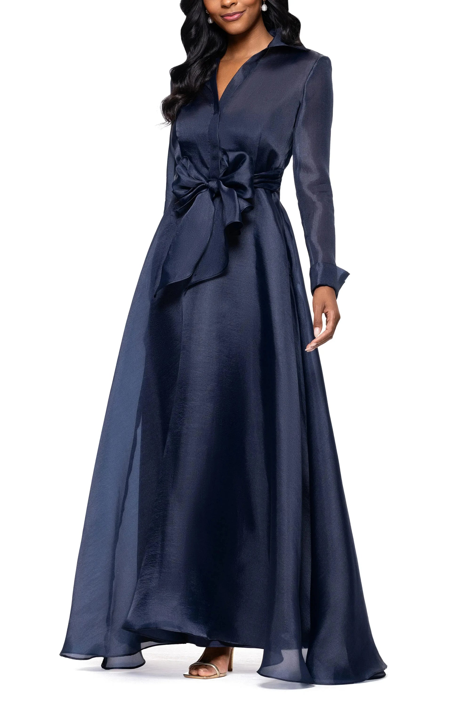 Luxurious Flowy Collared Long Sleeve Open Back Floor Length For Adults Prom Dress by YiHuiw