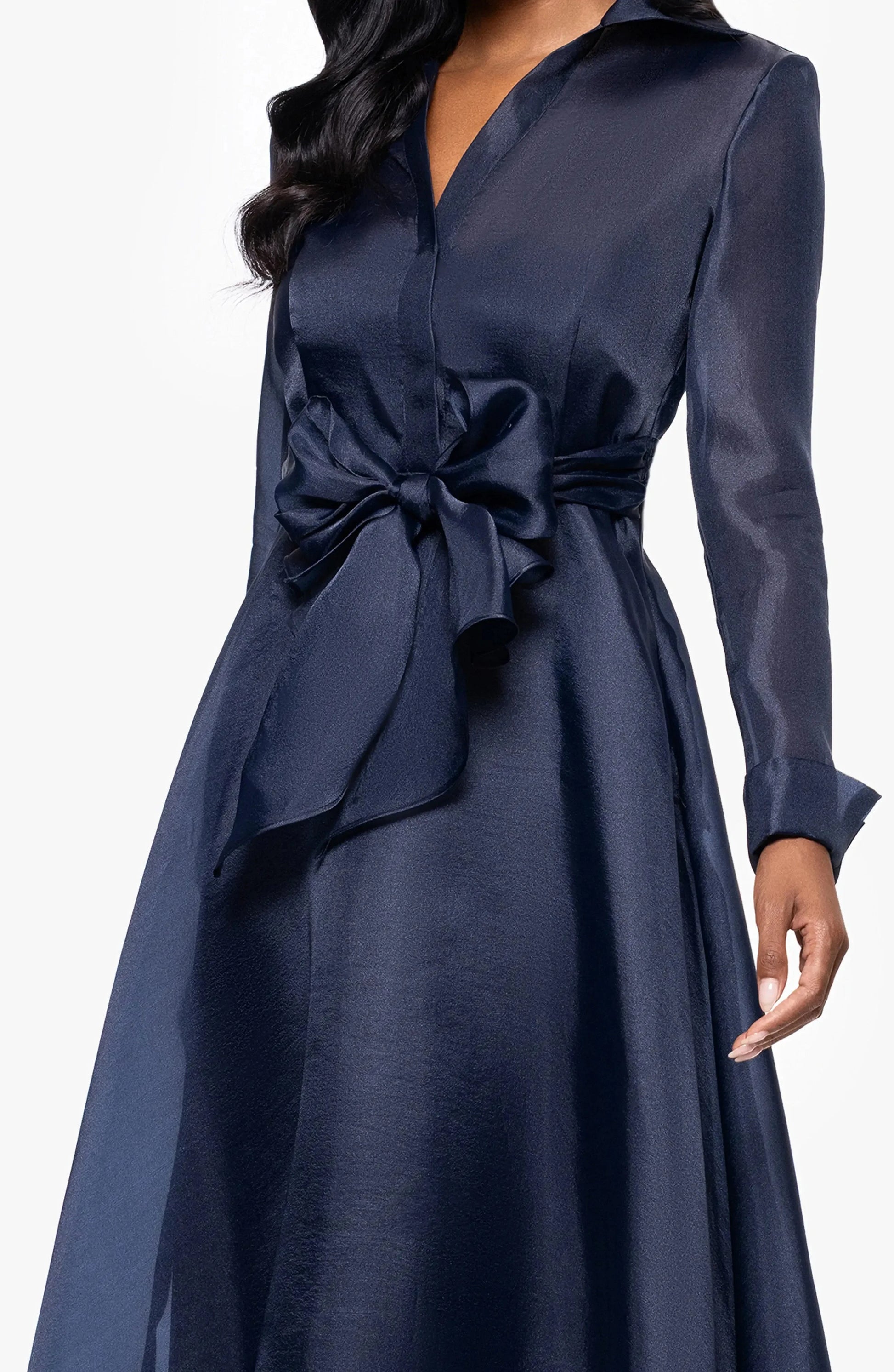 Luxurious Flowy Collared Long Sleeve Open Back Floor Length For Adults Prom Dress by YiHuiw