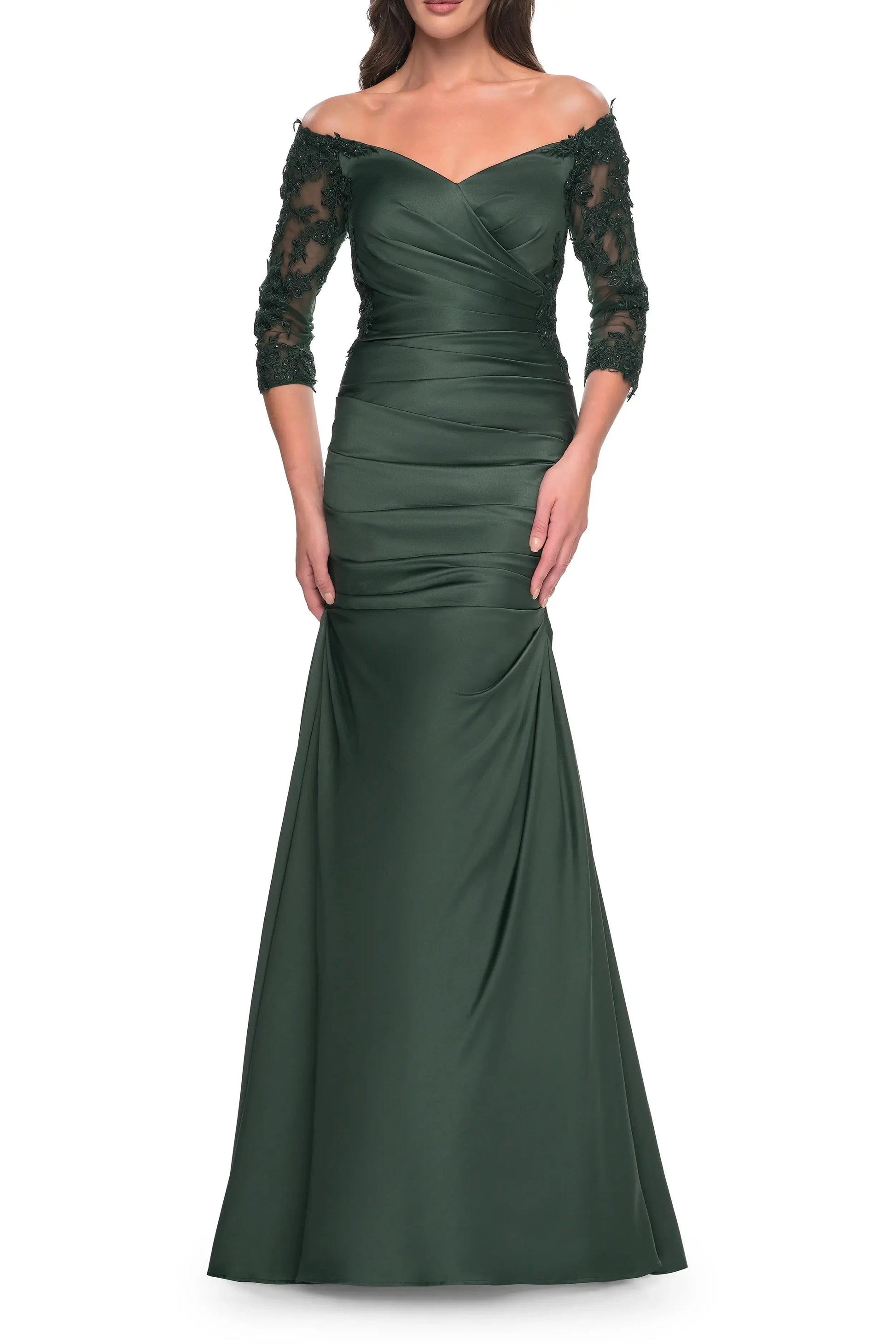 Luxurious Trumpet Off Shoulder Lace Sleeve Ruched Back Maxi Female Evening Dress by YiHuiw