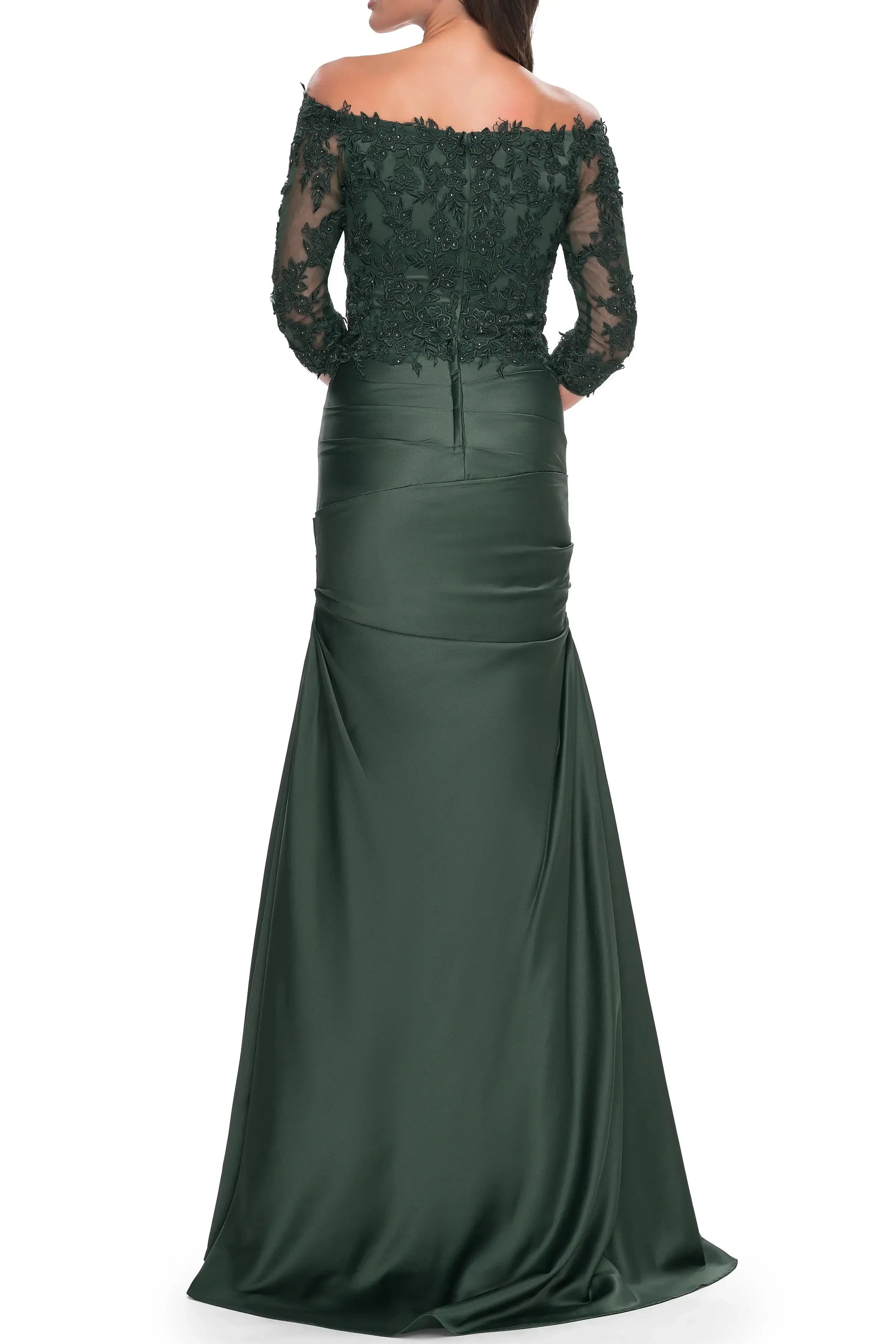Luxurious Trumpet Off Shoulder Lace Sleeve Ruched Back Maxi Female Evening Dress by YiHuiw