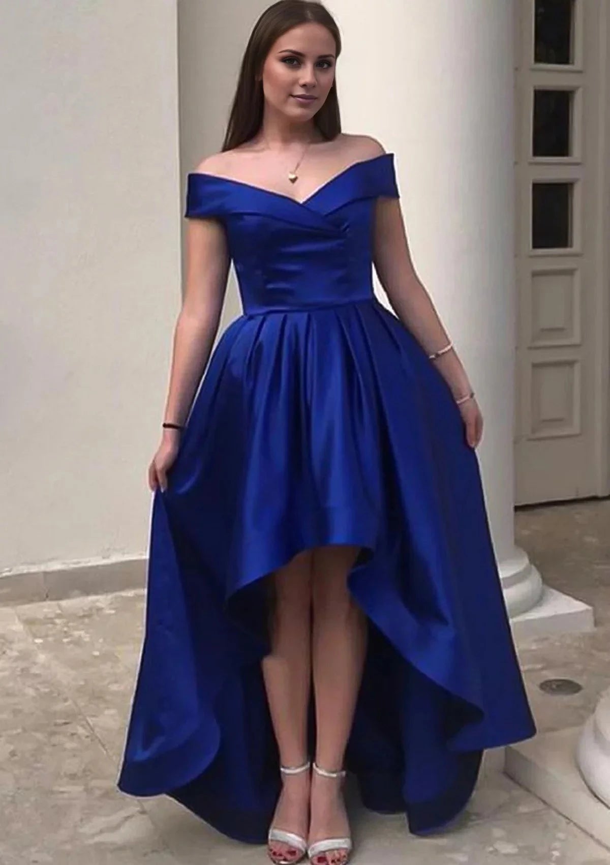 Luxurious A-Line Off-Shoulder Short-Sleeve High-Low Floor-Length Evening Dress by YiHuiw
