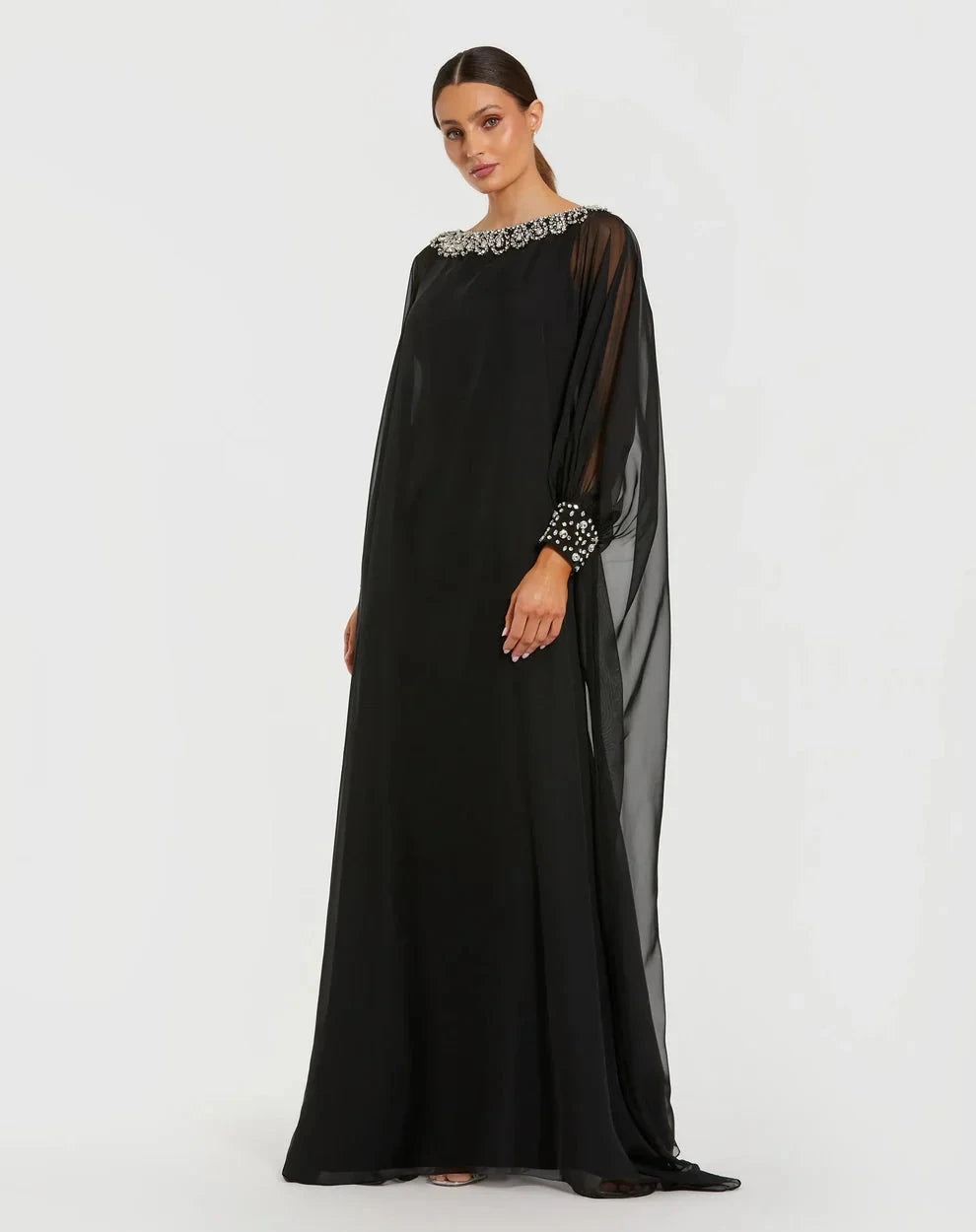 Luxurious Beaded Chiffon Cape Gown Boat Neck Sheer Long Sleeves Zipper Back Floor-Length Evening Dresses by LANQI DRESS