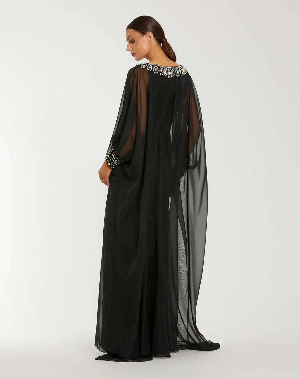 Luxurious Beaded Chiffon Cape Gown Boat Neck Sheer Long Sleeves Zipper Back Floor-Length Evening Dresses by LANQI DRESS