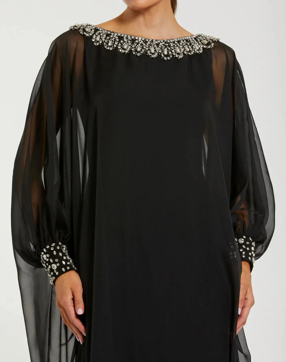 Luxurious Beaded Chiffon Cape Gown Boat Neck Sheer Long Sleeves Zipper Back Floor-Length Evening Dresses by LANQI DRESS