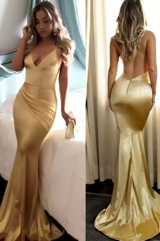 Luxurious Gold Satin Mermaid Dress with Plunge V-Neck & Open Back
