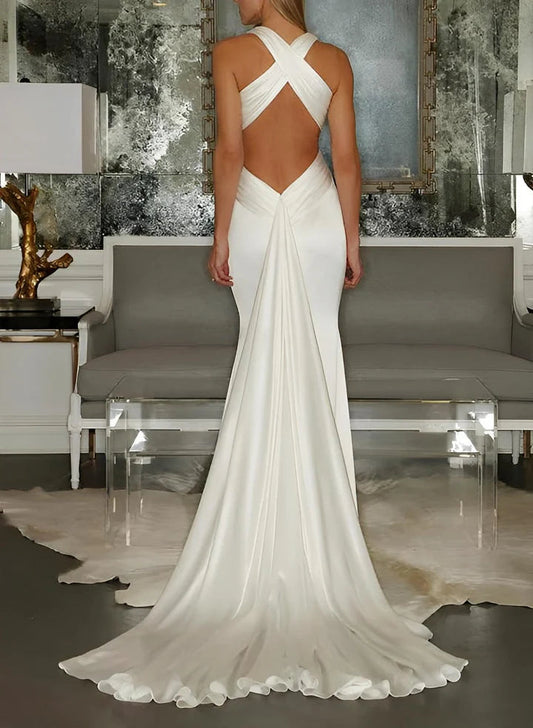 Luxurious Ivory Halter Deep V-Neck Twist Front Cross-Back Mermaid Floor-Length Wedding Dress with Chapel Train