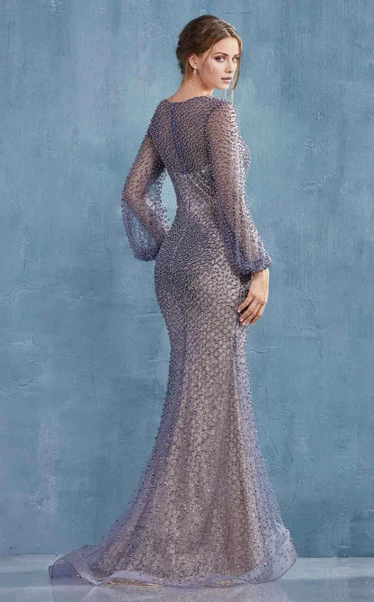 Luxurious Mermaid Crew-Neck Puff-Sleeve Beaded-Mesh Train-Length Evening Dress by YiHuiw