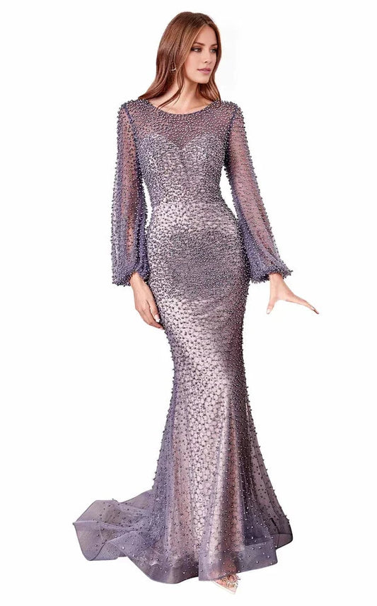 Luxurious Mermaid Crew-Neck Puff-Sleeve Beaded-Mesh Train-Length Evening Dress by YiHuiw