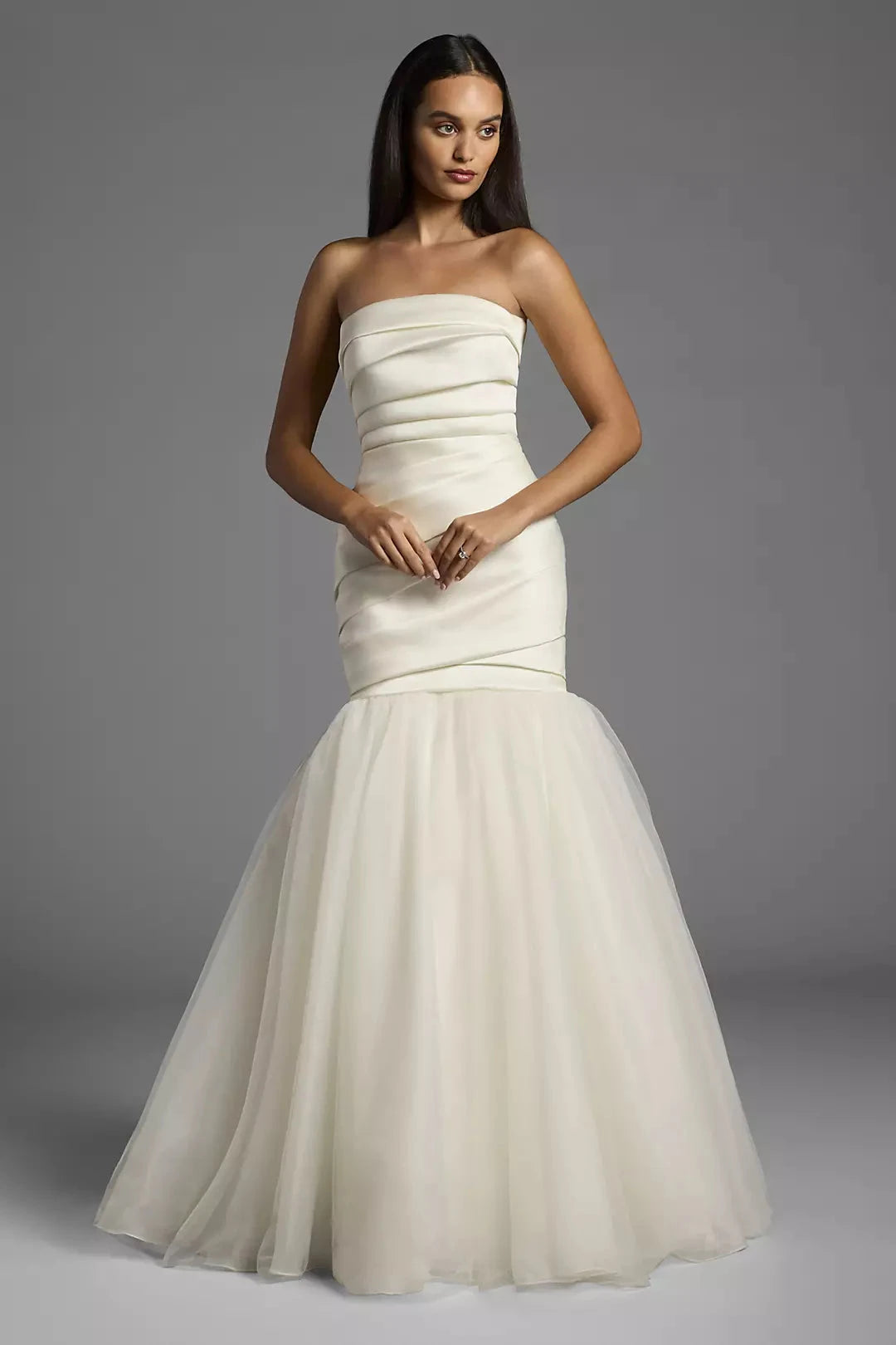Luxurious Mermaid Strapless Ruched Satin Tulle Overlay Open Back Train Wedding Dress by YiHuiw