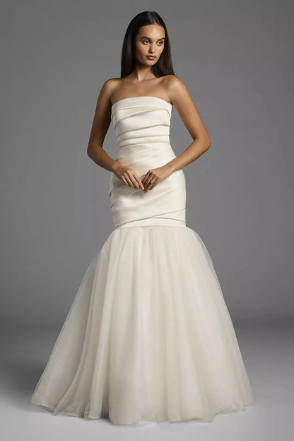 Luxurious Mermaid Strapless Ruched Satin Tulle Overlay Open Back Train Wedding Dress by YiHuiw