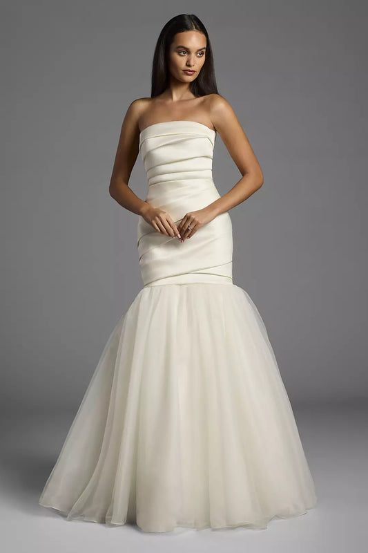 Luxurious Mermaid Strapless Ruched Satin Tulle Overlay Open Back Train Wedding Dress