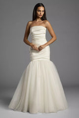 Luxurious Mermaid Strapless Ruched Satin Tulle Overlay Open Back Train Wedding Dress