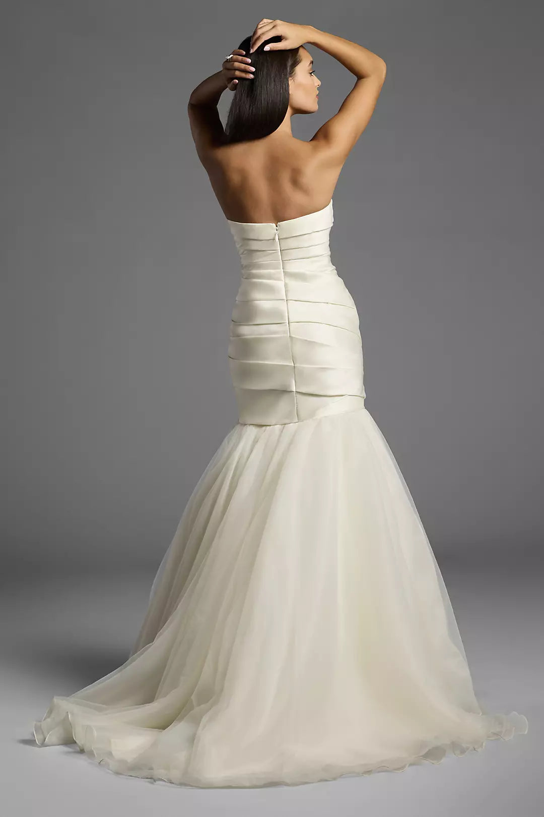 Luxurious Mermaid Strapless Ruched Satin Tulle Overlay Open Back Train Wedding Dress