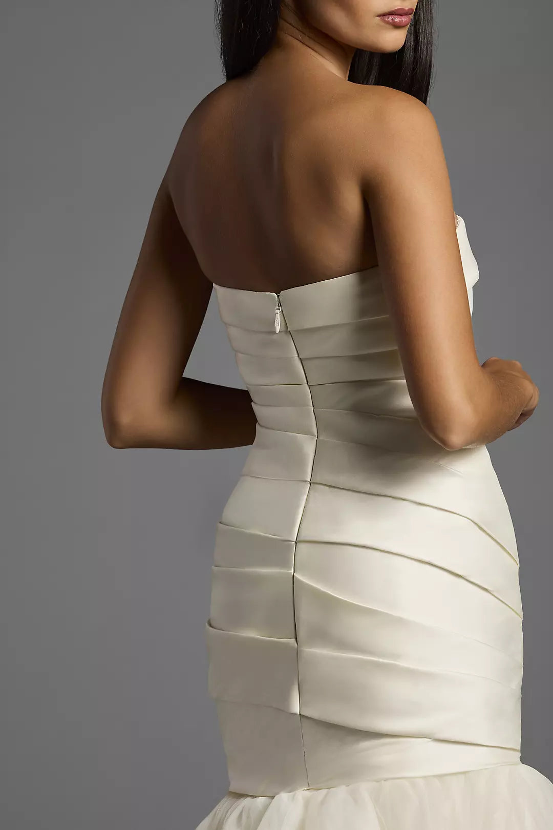 Luxurious Mermaid Strapless Ruched Satin Tulle Overlay Open Back Train Wedding Dress