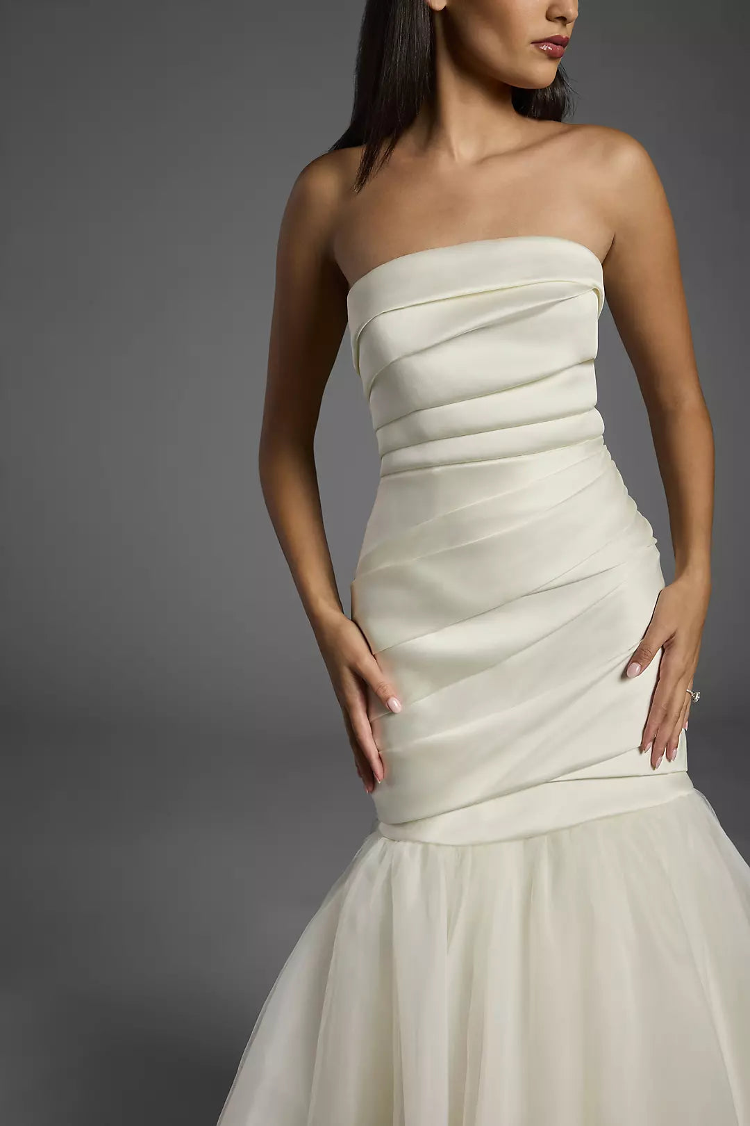 Luxurious Mermaid Strapless Ruched Satin Tulle Overlay Open Back Train Wedding Dress